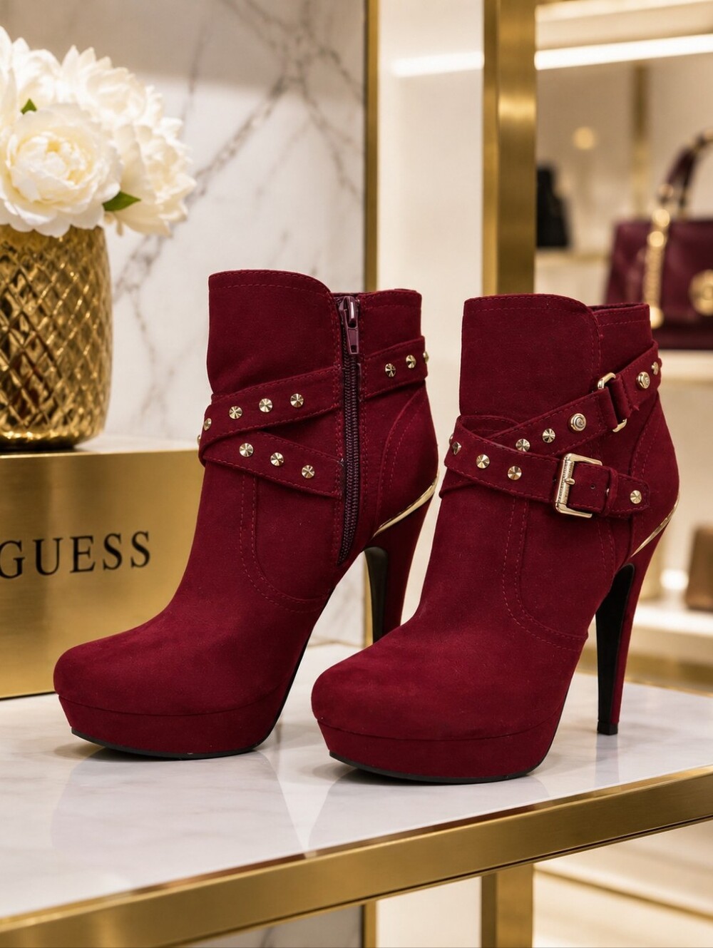 GUESS Burgundy Suede Platform Ankle Boots with Studded Straps